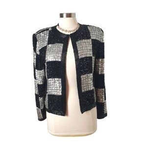 Vintage NITE Line Black Silver Sequin Jacket S Checkered Open Front Silk India